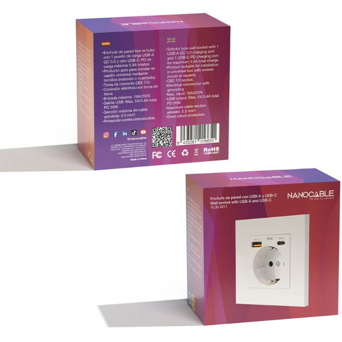 Nanocable Base de enchufe Schuko con USB-A QC 3.0 y USB-C PD, Blanco